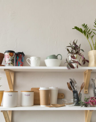 shelves with the mugs